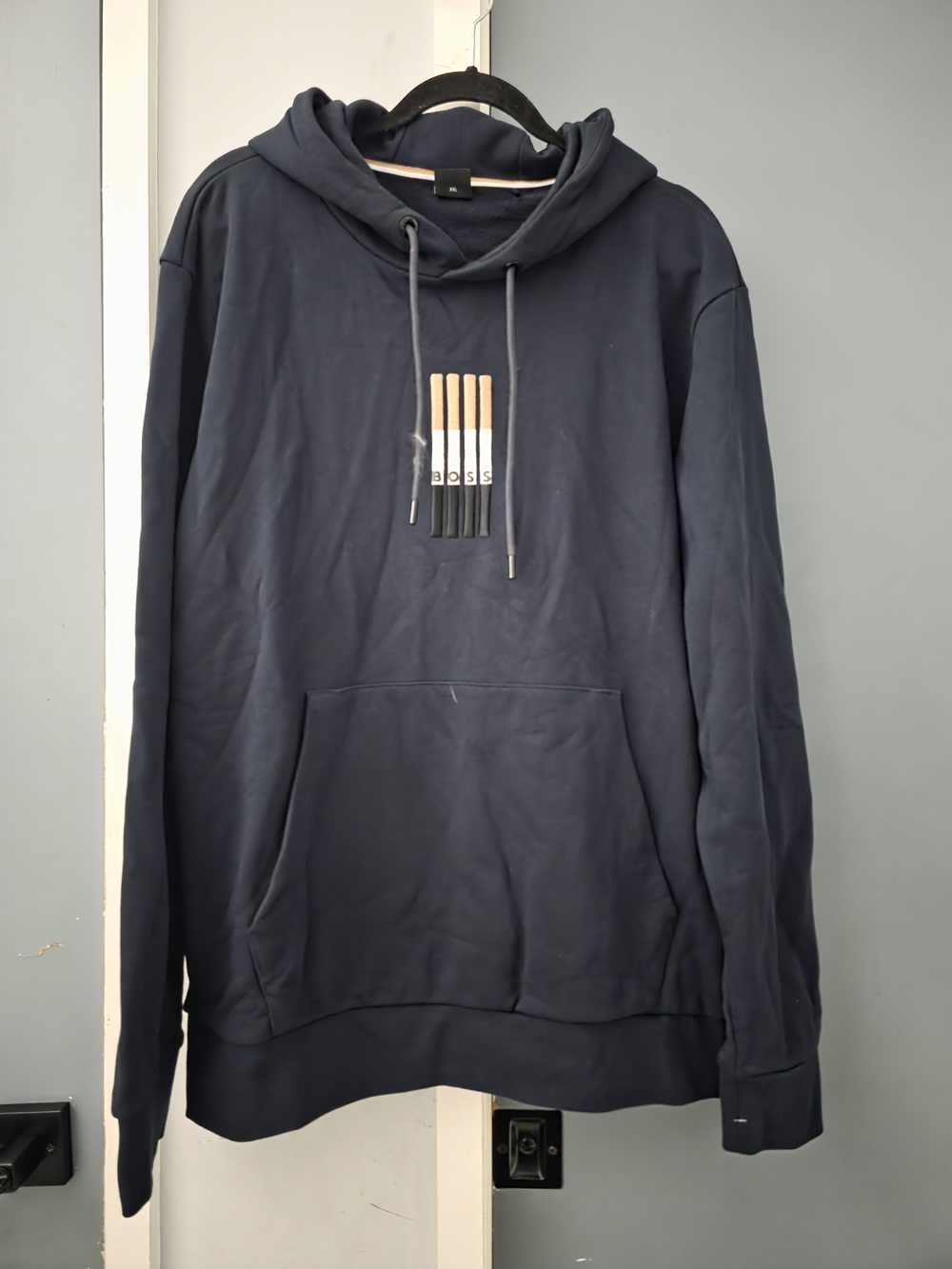 Boss Navy Pullover Hoodie with Beige-Black Logo